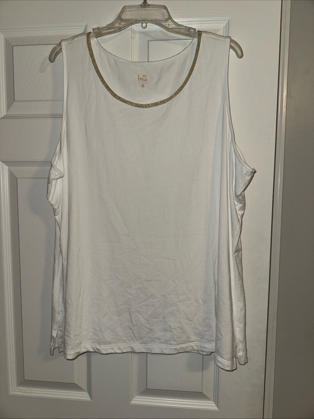 Belle by Kim Gravel White Tank with Gold Neck Trim